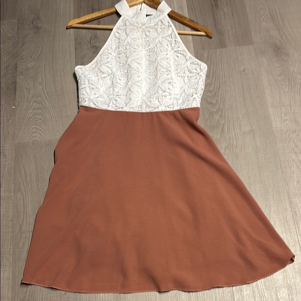 White and Brown Sleeveless Halter Sundress